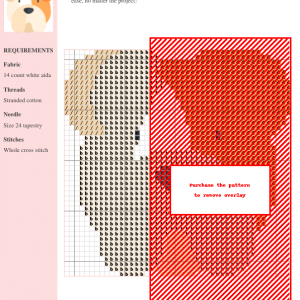 Cross stitch pattern of an adorable English Bulldog, featuring beige and red tones. The image shows a gridded design chart with color-coded symbols.