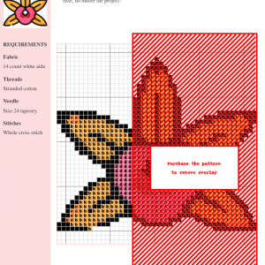 Cross stitch pattern featuring a vibrant orchid design in shades of red, orange, and pink, using DMC and Anchor threads.