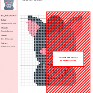 Cross stitch pattern of an adorable donkey, featuring grey and pink color palette on 14 count white aida fabric. PDF download available.