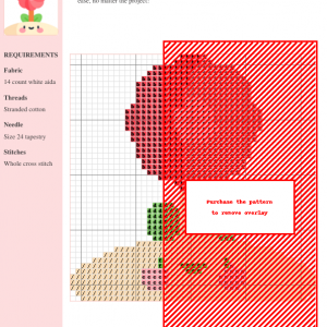 Cross stitch pattern showcasing a charming flower design in red, pink, green, and beige, using whole cross stitch on 14 count white Aida fabric.