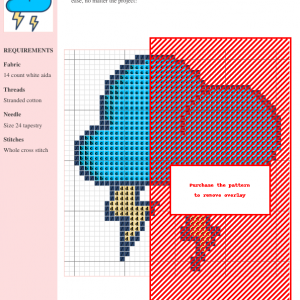 Cross-stitch pattern depicting a stormy sea scene with a cloud and lightning bolt, primarily in blues and reds.