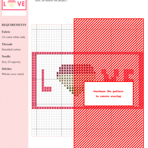 Cross-stitch pattern featuring a heart-shaped design with the word 'LOVE' and subtle bird imagery, using pink, cream, and brown threads.