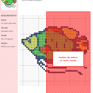Cross stitch pattern of a colorful fish, featuring a grid of stitches and color-coded DMC and Anchor thread numbers. Part of the pattern is obscured by a watermark.