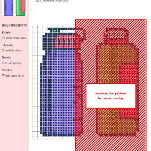 Cross-stitch pattern of a water bottle, featuring purple and tan colors on 14-count white Aida cloth. Clear instructions and DMC/Anchor thread color codes are included.