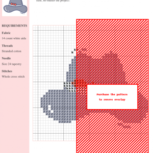 Cross-stitch pattern of a stylish hat, featuring gray and white threads on 14-count white aida fabric. The design is presented as a chart with DMC and Anchor thread color numbers.
