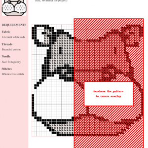 Cross stitch pattern of an adorable hippopotamus. The design includes black and white thread on 14-count white Aida fabric. A red overlay obscures part of the pattern.