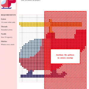Cross stitch pattern depicting a charming helicopter in shades of red, yellow, and blue on 14 count white aida fabric.