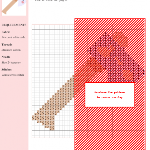 Image of a cross-stitch pattern depicting a modern axe design in shades of red and beige. The design is shown on a grid with clear instructions and thread color numbers.