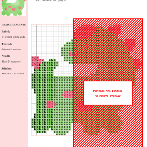 Cross-stitch pattern featuring a charming dinosaur design in greens, pinks, and browns. The image shows a color-coded chart for stitching.