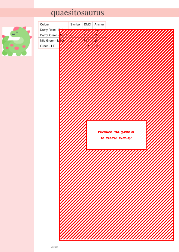 Image of a cross-stitch pattern featuring a diagonal red and white striped design. A small illustration of a cute dinosaur is visible.