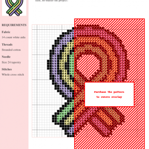 Cross stitch pattern of an elegant ribbon design, featuring a colorful rainbow-like effect. The pattern uses DMC and Anchor threads.