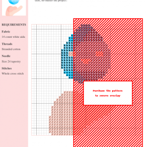 Cross stitch pattern chart for 'Serene Waters', depicting a stylized water droplet in shades of blue, peach, and red.