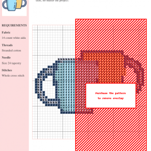 Cross-stitch pattern of a cozy coffee mug in warm colors, perfect for beginner stitchers. Includes a key and materials list.