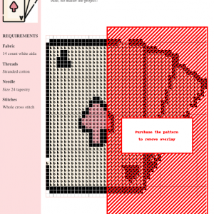 Cross-stitch pattern featuring a charming card game design. The pattern uses black, red, and light pink threads on white aida cloth.