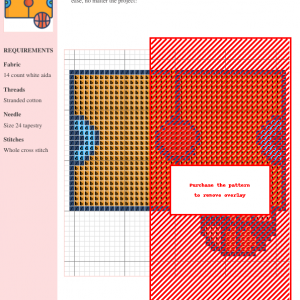 Cross stitch pattern of a basketball court, featuring orange, brown, and blue threads. DMC and Anchor thread color charts included.