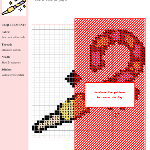 Cross stitch pattern of a party blower, featuring bright colors on 14-count white aida fabric. The design includes a whimsical candy cane-like shape.