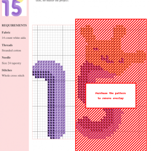 Image showcasing a sample cross-stitch pattern from a collection of 15 versatile designs, featuring a blend of purple, pink, and orange threads on white aida cloth. DMC and Anchor thread color numbers are included.