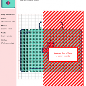 Cross stitch pattern showcasing a charming first aid kit design, featuring teal and gray accents on white aida cloth. DMC and Anchor thread color numbers included.
