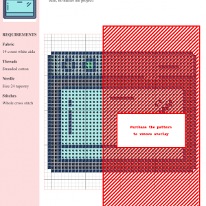 Cross stitch pattern of a microwave oven, featuring a teal and navy blue color scheme. Clear instructions and DMC/Anchor thread color numbers are included.