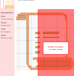 Cross stitch pattern featuring a design with peach and red sections, suitable for various projects. Includes a color key and instructions.
