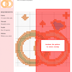 Cross stitch pattern depicting a romantic couple, featuring intertwined rings and peachy-orange color palette. Aida cloth and DMC/Anchor thread color chart included.