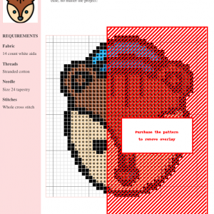 Cross-stitch pattern of an adorable squirrel wearing a blue cap, featuring brown, red, and blue threads. DMC and Anchor thread color numbers are included.