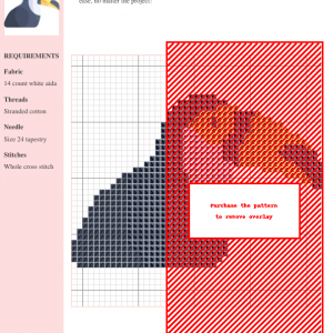 Cross stitch pattern featuring a colorful toucan, showcasing various shades of red, orange, pink, and gray on white aida cloth. The image includes a key and materials list.