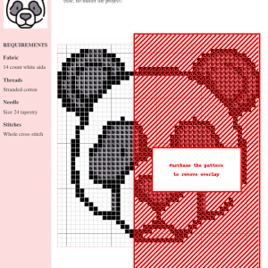 Cross-stitch pattern featuring an adorable panda design, using grayscale and red threads on 14-count white aida cloth. DMC and Anchor thread color numbers are included.