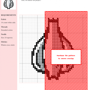 Cross stitch pattern of a garlic bulb, featuring black and red threads on white aida fabric. A charming culinary-themed design for crafting enthusiasts.