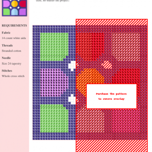 Cross-stitch pattern depicting a Rubik's Cube in vibrant colors. The design includes various shades of red, green, purple, and orange against a dark purple background.