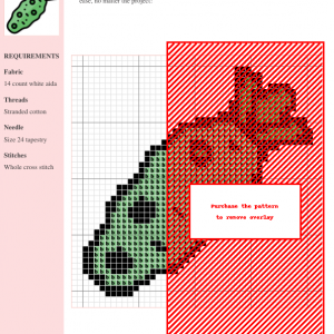 Cross stitch pattern featuring a stylized wasabi plant with red accents. The design utilizes green, brown and red threads on white aida cloth.