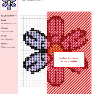 Cross stitch pattern of a stylized Sisyrinchium flower in shades of red and purple on white aida cloth. DMC and Anchor thread color numbers are included.