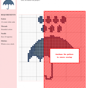 Cross stitch pattern featuring a charming umbrella design in navy blue and red on white aida cloth. The image shows the pattern chart with clear instructions and color codes.