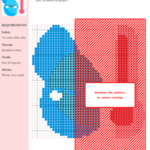 Cross stitch pattern chart depicting a cool-toned water design featuring shades of blue. The pattern includes clear instructions and DMC/Anchor thread color numbers.