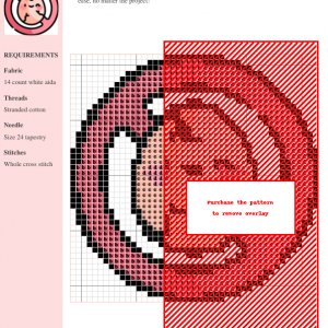 A cross-stitch pattern featuring a whimsical design of a cracked egg, predominantly in shades of pink and red. The pattern includes a key and instructions for DMC and Anchor threads.