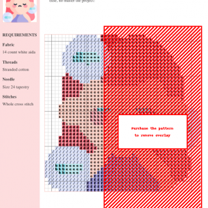 Cross stitch pattern featuring a cute girl design with a thought bubble, showcasing a blend of pink, red, and light blue threads on 14-count white Aida fabric. The pattern includes DMC and Anchor thread color numbers.