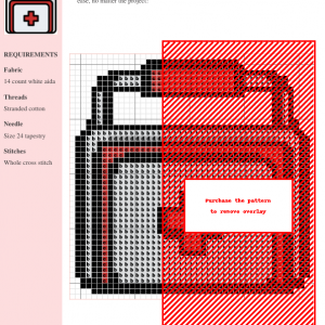 Cross-stitch pattern depicting a charming first aid kit, featuring red and black accents on a white background. The design is perfect for crafting enthusiasts.