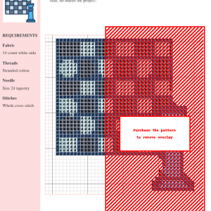 Cross-stitch pattern depicting a stylized chessboard, featuring dark and light blue squares. The design includes a chess piece.