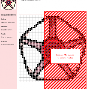 Cross stitch pattern of a sweet potato vine (Ipomoea batatas) showcasing a detailed design with red and pink shades on a white Aida cloth.