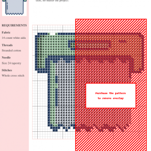 Cross-stitch pattern featuring a modern geometric design in shades of green, blue, and red. The design is charted on a grid, showing the stitches needed to create the project.