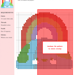 A vibrant cross-stitch pattern depicting a rainbow over a smiling earth, celebrating World Pride Day. The design uses various colors and is presented on a grid with DMC and Anchor thread color codes.