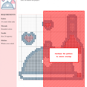 Cross-stitch pattern design featuring a restaurant-themed image, primarily in shades of gray and pink on white aida cloth. The design includes a partially visible image, with a red overlay indicating the full pattern requires purchase.
