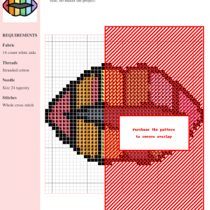 Cross-stitch pattern depicting a pair of lips in various shades of red, orange, pink, and gray. The design is presented on a grid with DMC and Anchor thread color codes.