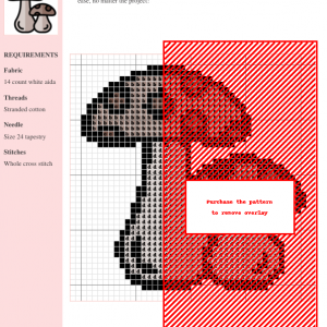 Cross stitch pattern featuring two adorable mushrooms in a whimsical forest setting. The design uses browns, reds, and whites.