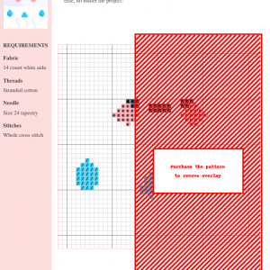 Cross stitch pattern featuring a cute cloud design with raindrops, using shades of pink, blue, and red on white aida fabric.