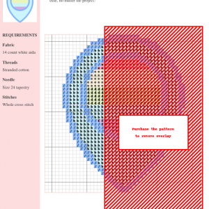 Cross-stitch pattern chart featuring a heart design with a rainbow color scheme. The pattern uses blue, pink, orange, and red threads.