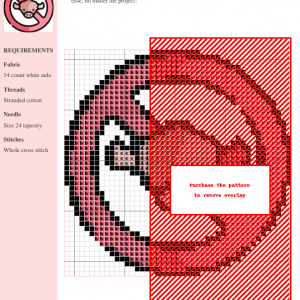 Cross stitch pattern featuring a stylized 'No Beef' design in shades of pink and red on white aida cloth.