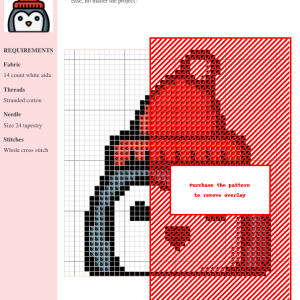 Cross-stitch pattern of an adorable penguin wearing a Santa hat, featuring a color key and instructions. Perfect for winter crafting projects.