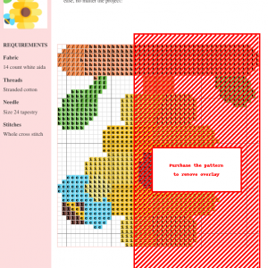Cross stitch pattern of a busy beehive, featuring a sunflower and bees, with a color-coded chart and materials list.