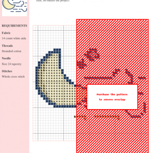 Cross stitch pattern chart depicting a crescent moon and wind design, using beige, dark blue, and red threads on white aida fabric.
